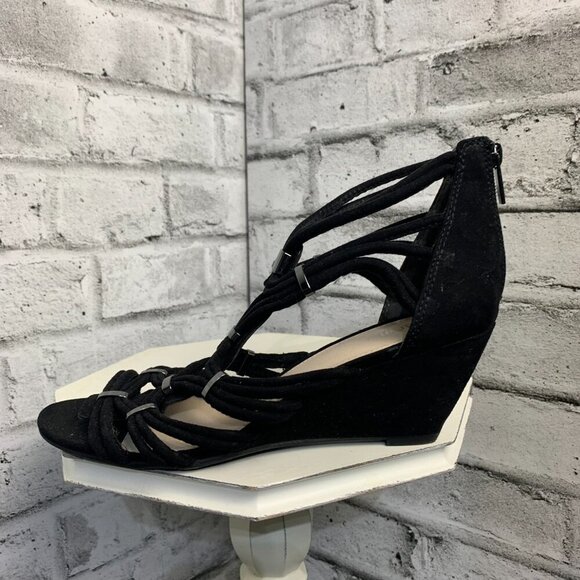 BAR III Black Strappy Faux Suede Open Toe Wedge Sandals Kalyn Heels - Picture 2 of 9